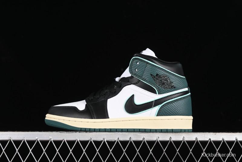 Nike Air Jordan 1 Mid AJ1 Snake Black Green Toe Mid-Top Basketball Shoes - FQ7818-100