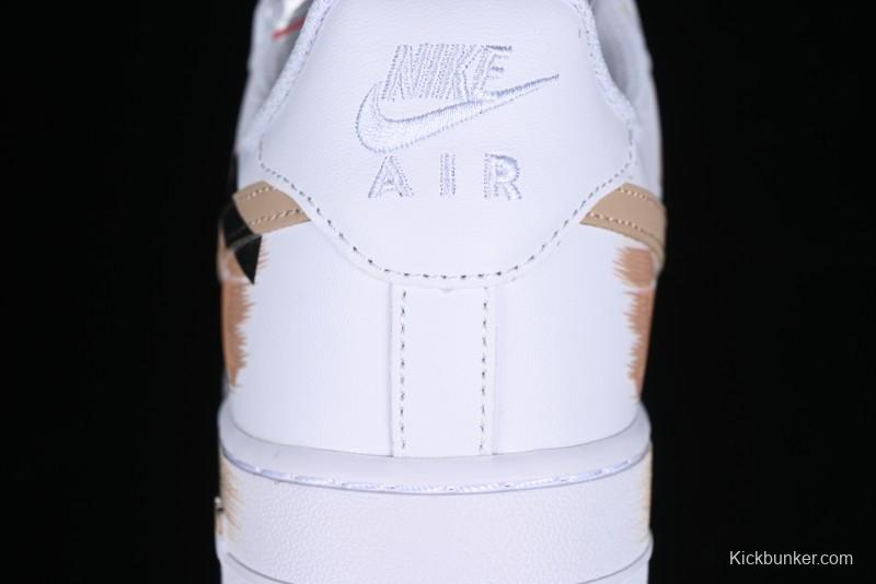 Nike Air Force 1 '07 Low Casual Sneakers with Anime-Inspired Hand-Painted Design, Broken Swoosh Shadow Effect, Brown/Black - CW2288-111