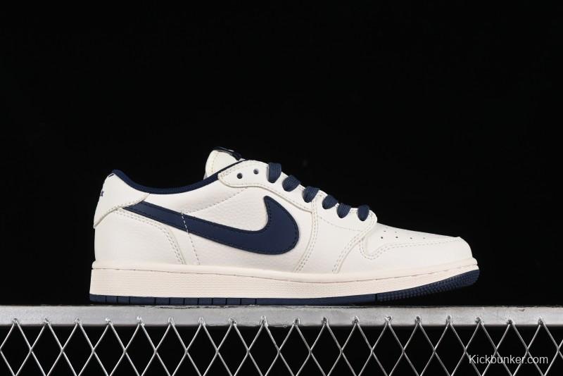 Nike Travis Scott x Fragment Design x Air Jordan 1 Low OG SP AJ1 Supreme Collaboration - White Navy Blue Low Top Casual Sneakers - XZ116