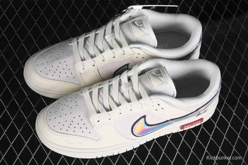 Nike SB Dunk Low Supreme x Stussy Triple Collaboration - Beige Silver Swoosh Anniversary Custom Low-Top Casual Skate Shoes - KK1333-005