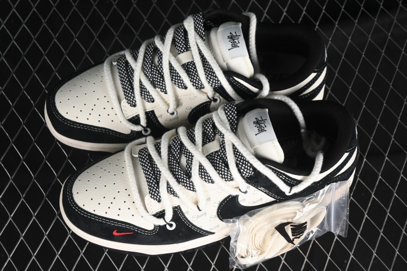 Nike SB Dunk Low Stussy Collaboration - White Embroidery Black Swoosh Anniversary Custom Low-Top Casual Sneakers - SJ2068-311