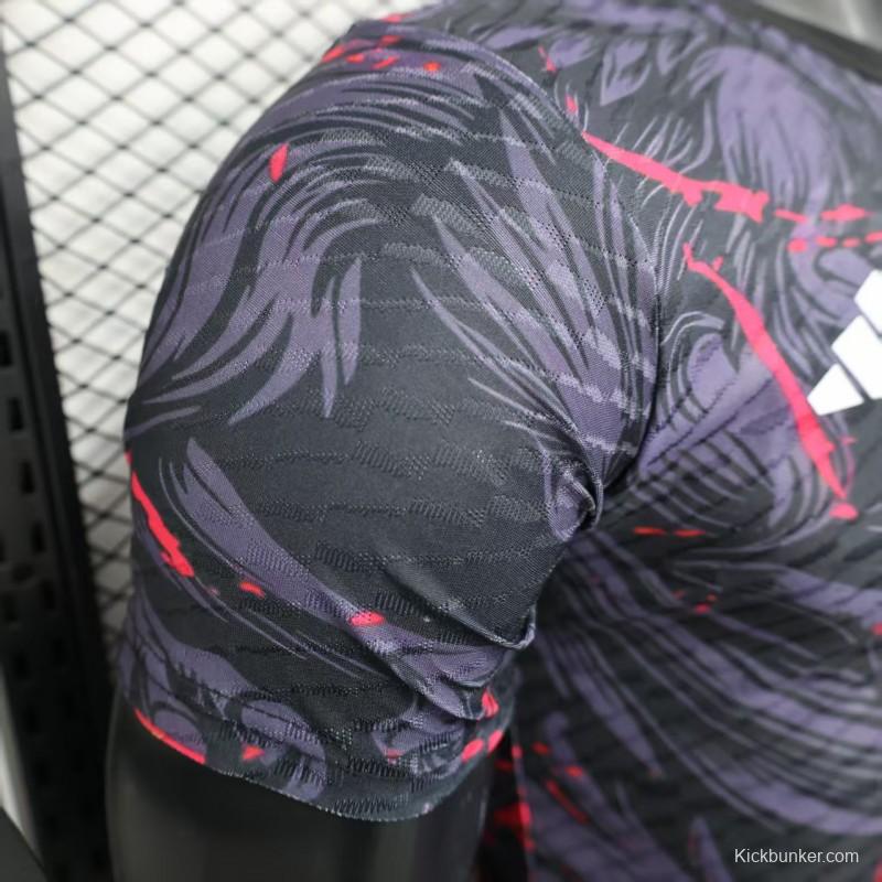 Player Version 2025 Japan Dark Navy with Rising Phoenix Design and Red Gradient Splash Pattern Jersey