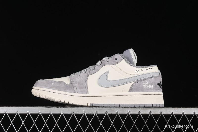 Nike Air Jordan 1 Low Stussy Collaboration - Light Bone Grey Dual-Tone Premium Custom Retro Basketball Shoes - SJ9950-045