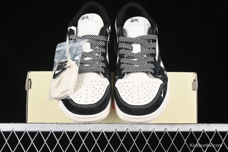 Nike Travis Scott x Fragment Design x Air Jordan 1 Low OG SP AJ1 Supreme Stussy Collaboration - Red Tab Black Warrior Low Top Casual Sneakers - SJ2068-124