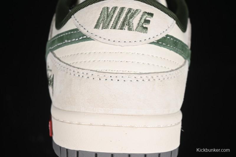 Nike SB Dunk Low Supreme x Stussy Triple Collaboration - Off White Green Swoosh Anniversary Custom Low-Top Casual Sneakers - SJ2068-303