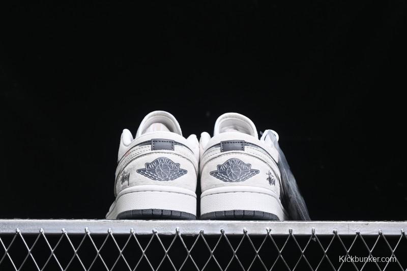 Nike Air Jordan 1 Low Stussy Collaboration - Grey Pigskin Black Base Retro Basketball Shoes - XX3318-968