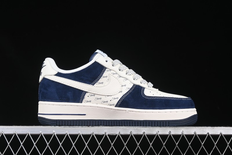 Nike Air Force 1 '07 Low Stussy Collaboration Dark Blue Suede White Swoosh Low-Top Casual Sneakers - XZ6188-673