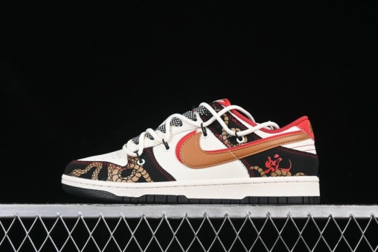 Nike SB Dunk Low Year of the Snake Series Strap Red Brown Double Swoosh Anniversary Custom Low-Top Casual Skate Shoes - SJ2068-312