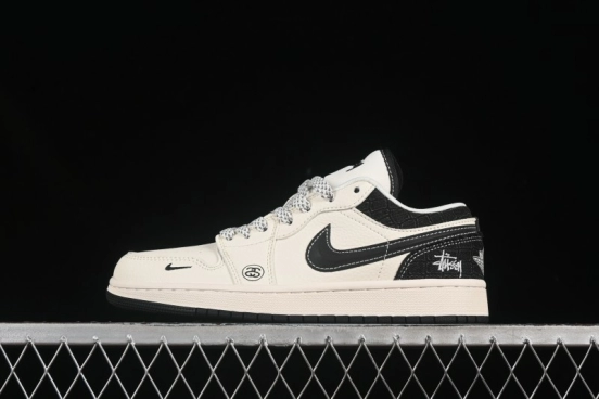 Nike Air Jordan 1 Low AJ1 Stussy Beige Black Canvas Custom High-End Retro Basketball Shoes - XS6086-561