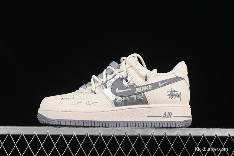 Nike Air Force 1 '07 Low Stussy Collaboration Grey Diamond Lace-Up Casual Sneakers - DM6868-072