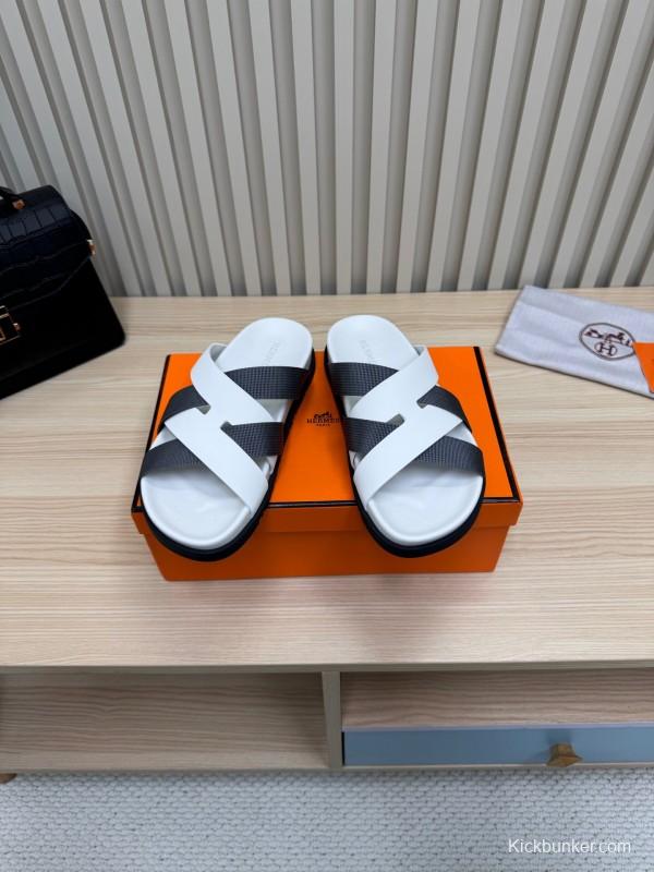 2025 Men Hermès White Black Leather Slippers