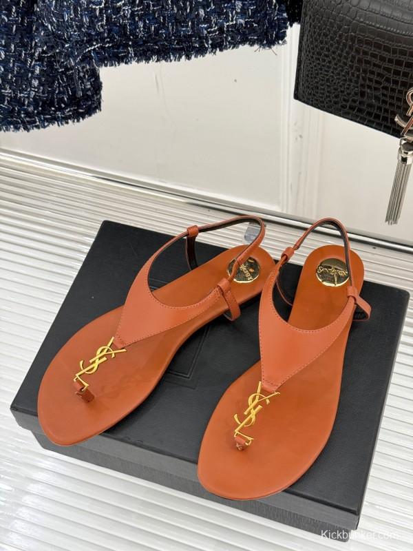 2025 Women Yves Saint Laurent Orange Leather Sandals KFY00270