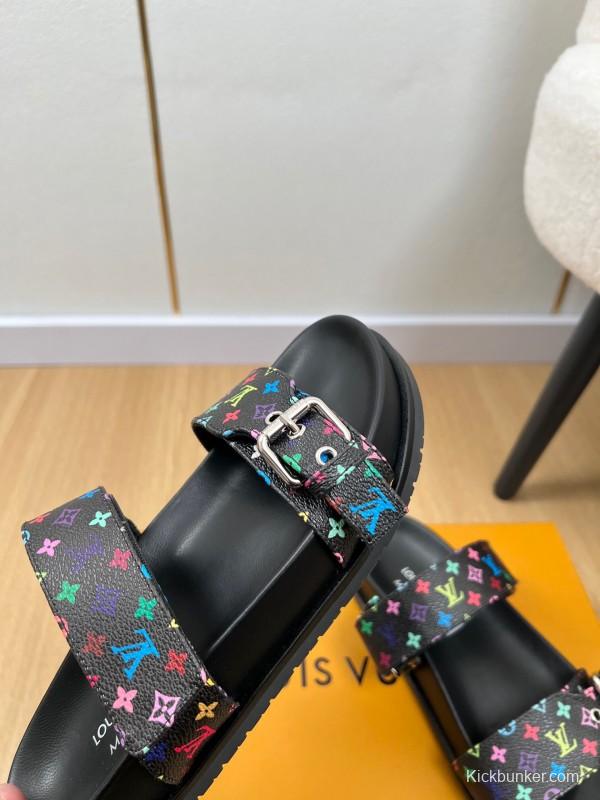 2025 Women Louis Vuitton Black Rainbow Canvas Slippers KFY00280