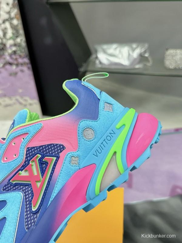 2025 Men Louis Vuitton Blue Pink Green Mesh Leather Sneakers MJ00420