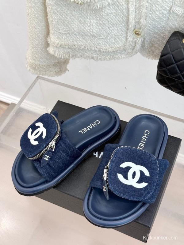 2025 Slippers Chanel Navy Denim Slippers