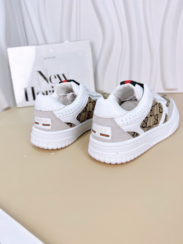 2024 Kids Gucci White Brown Cotton Leather Sneakers