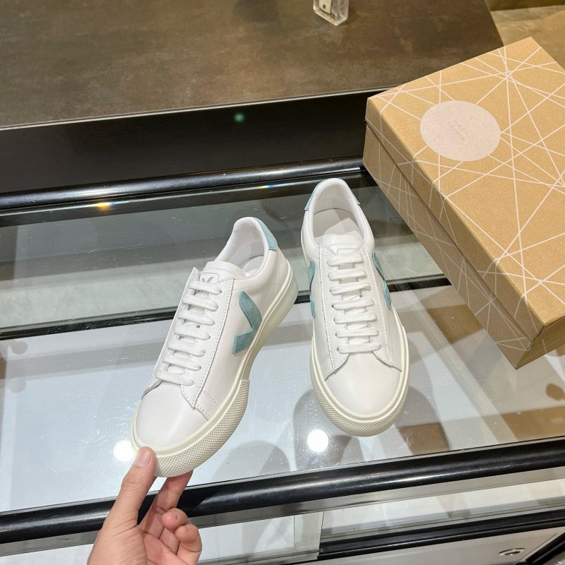 2025 Unisex VEJA White Blue Leather Canvas Sneakers Vulcanized MJ00240