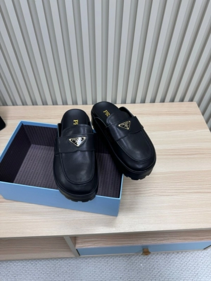 2025 Women Prada Black Leather Platform Loafers