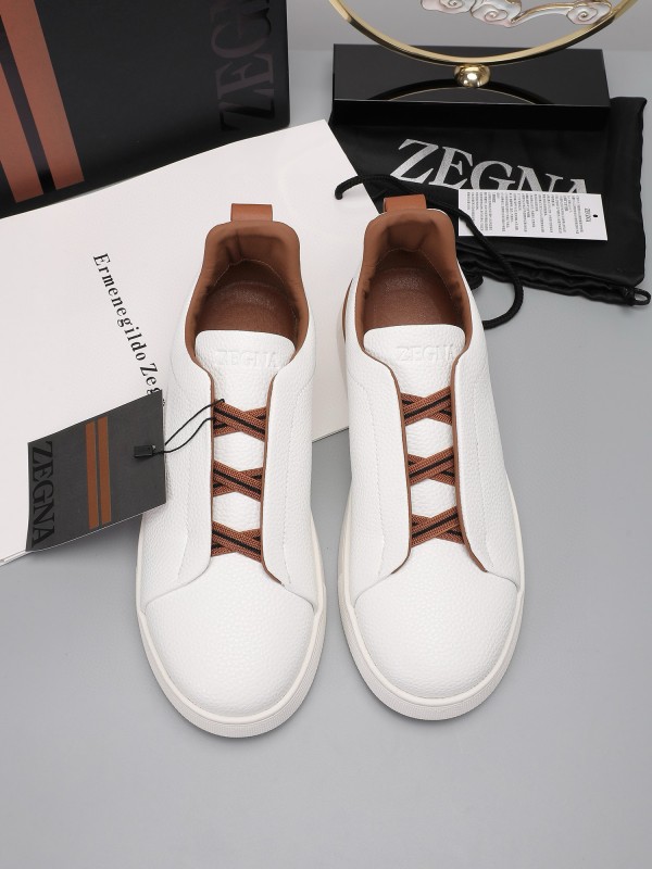 2024 Men Ermenegildo Zegna White Brown Leather Sneakers MJ00240