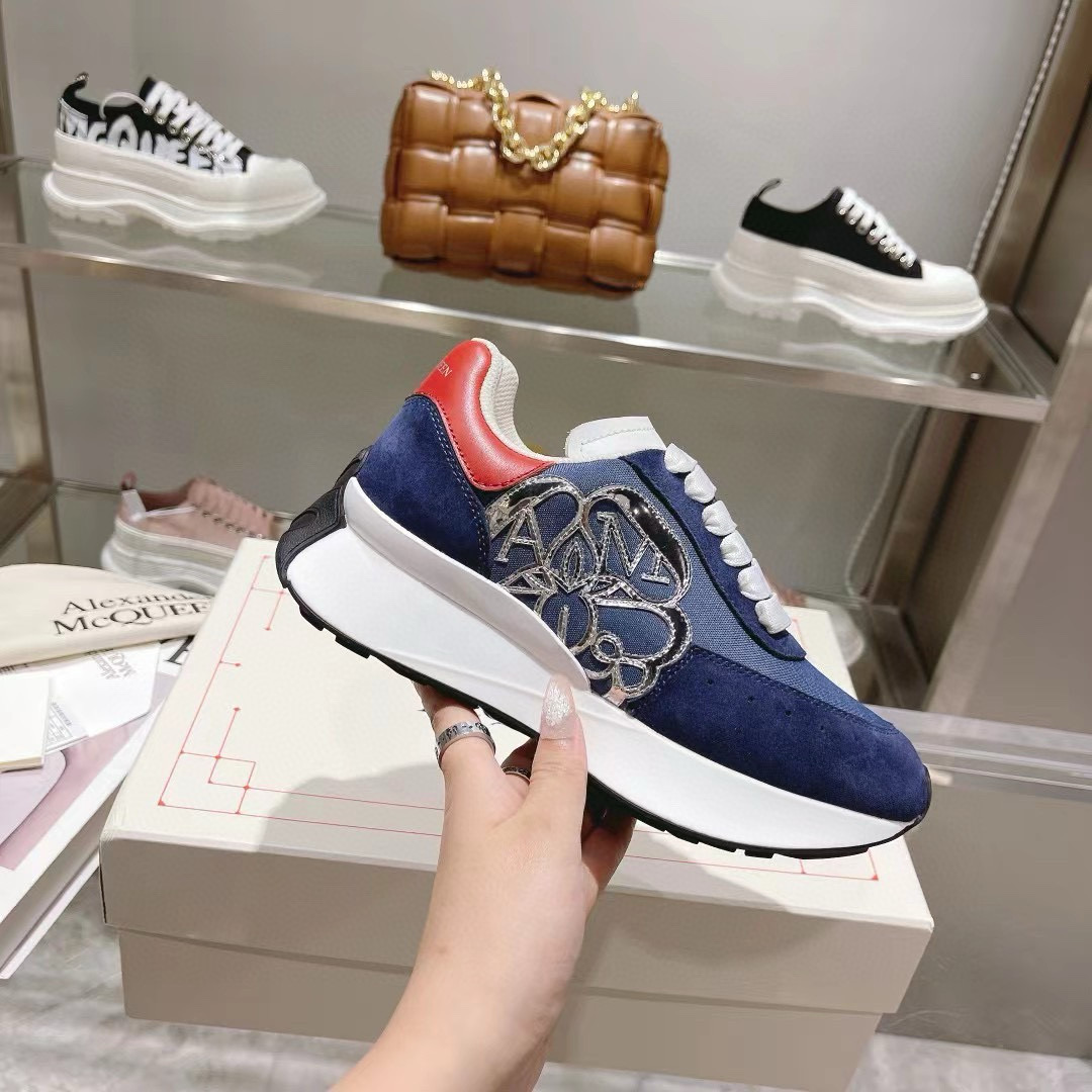 2024 Unisex Alexander McQueen Blue Red Leather Suede Mesh Sneakers MJ00370