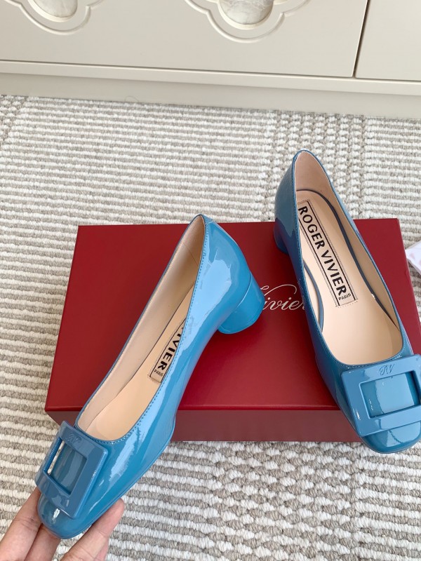 2025 Women Roger Vivier Blue Patent Leather Ballet Flat Square Buckle KFY00310