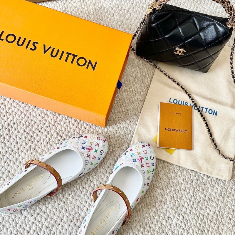 2025 Women Louis Vuitton White Multicolor Leather Ballet Flat