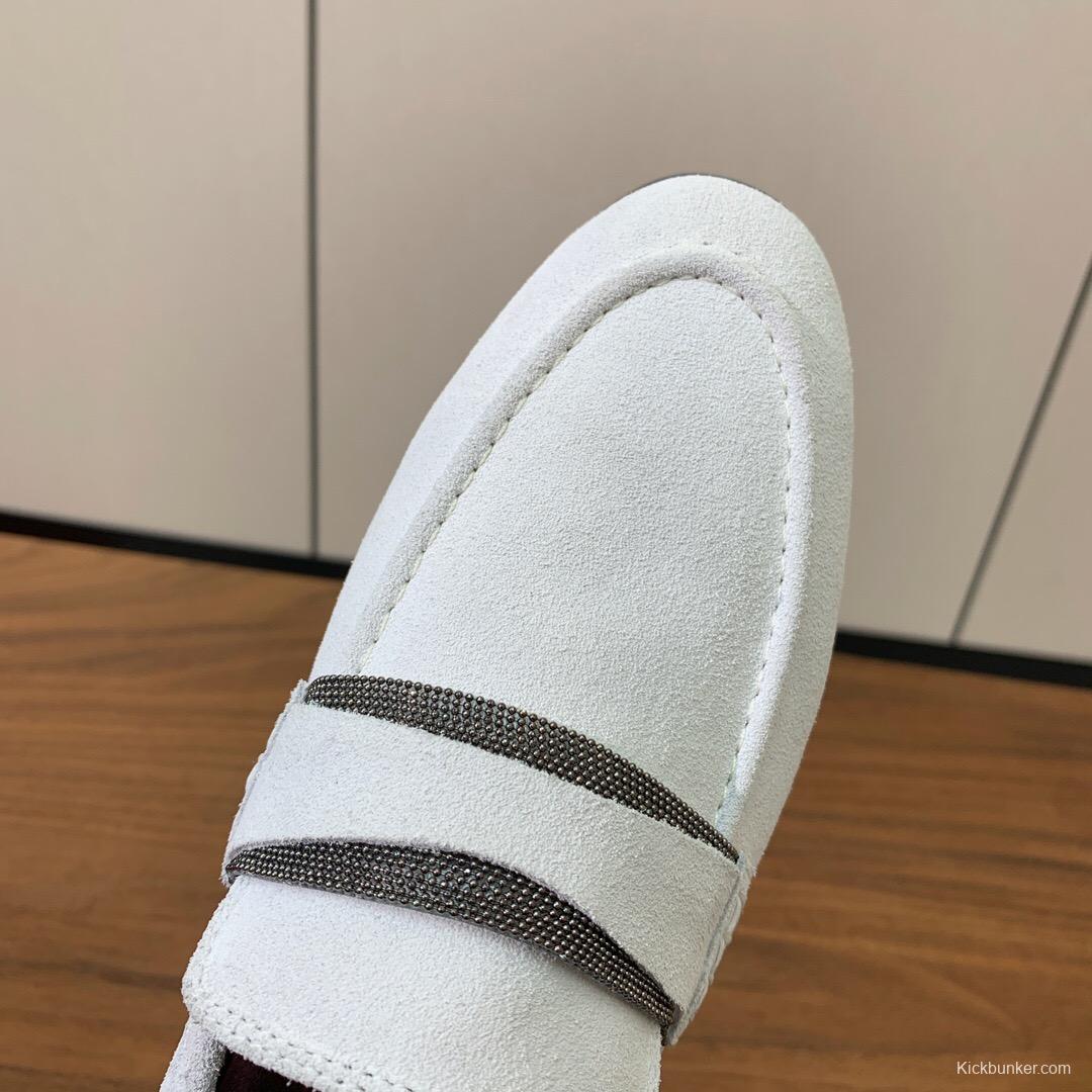 2025 Women Brunello Cucinelli White Suede Loafers Handcrafted Bead Chain Detail LY00360 (F)