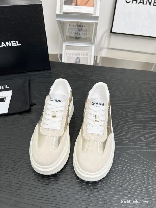 2025 Women Chanel Beige Gold Leather Suede Sneakers LY00290