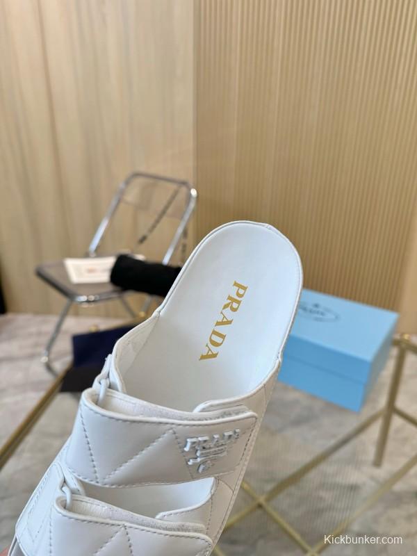 2025 Women Prada White Leather Slippers LY00270