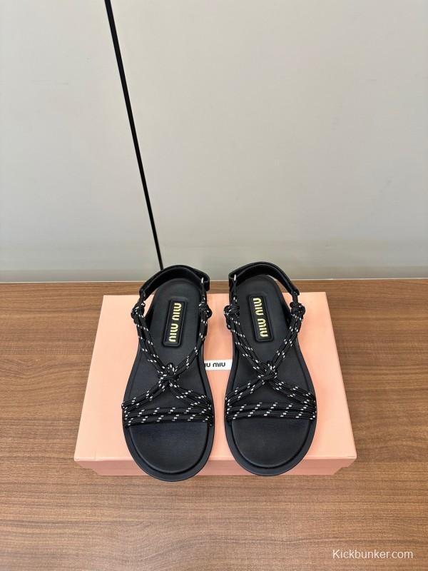 2025 Women Miu Miu Black Leather Rope Sandals