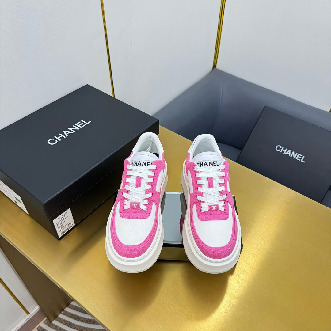 2025 Women Chanel Pink White Leather Canvas Sneakers