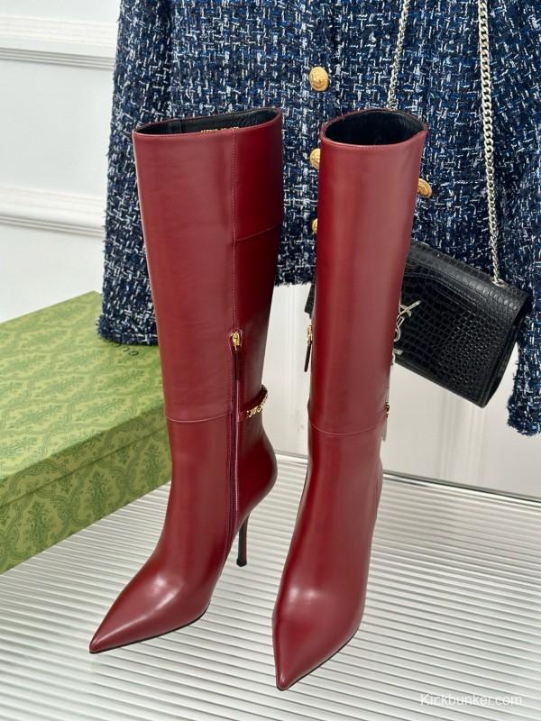 2024 Women Gucci red leather high heel knee boots