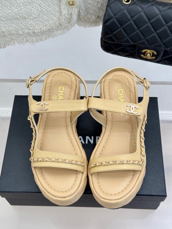 2025 Women Chanel Beige Leather Platform Sandals Chain KFY00270