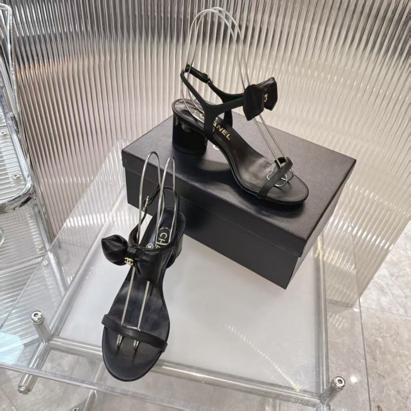 2025 Women Chanel Black Lambskin Bowknot Sandals LY00260