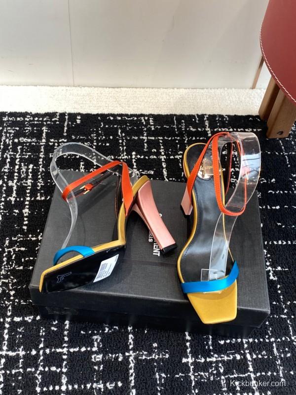 2025 Women Yves Saint Laurent Orange Black Blue Leather High Heel Sandals