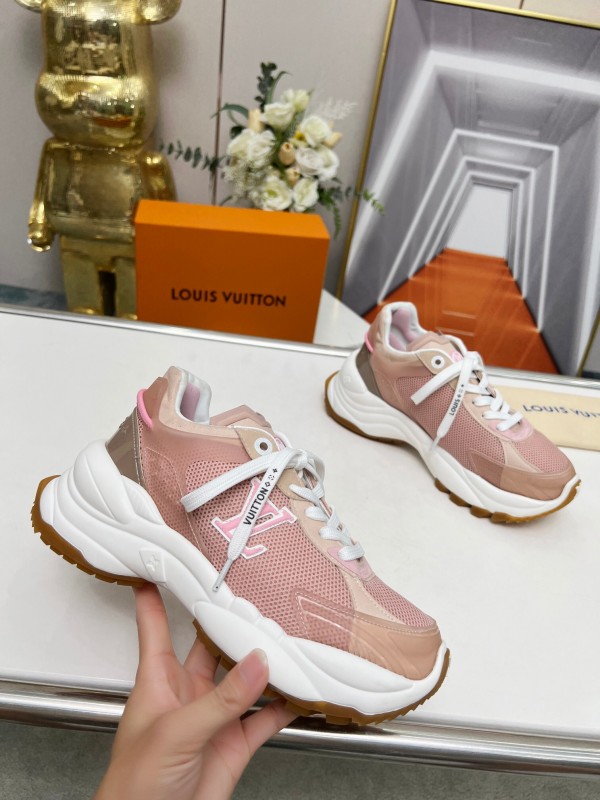 2025 Women Louis Vuitton Pink White Mesh Leather Sneakers LY00340