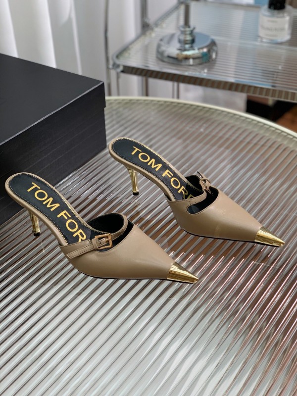 2025 Women TOM FORD Beige Gold Leather Pointed Toe Mules KFY00300