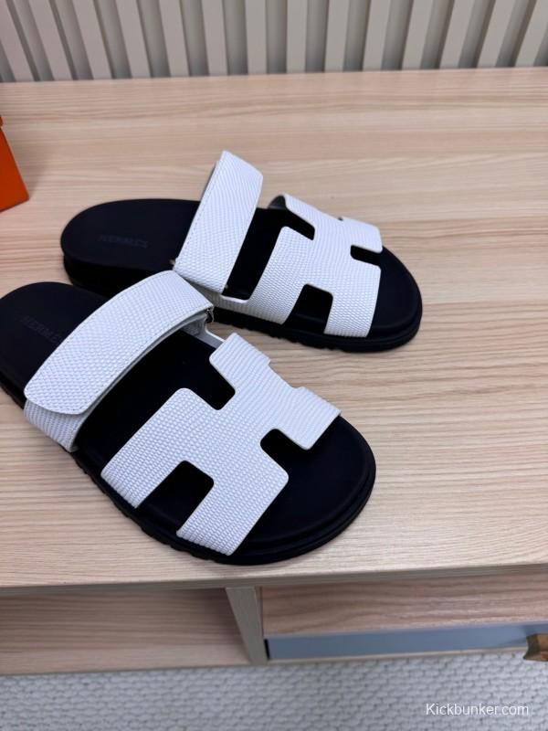 2025 Women Hermès White Black Leather Slippers
