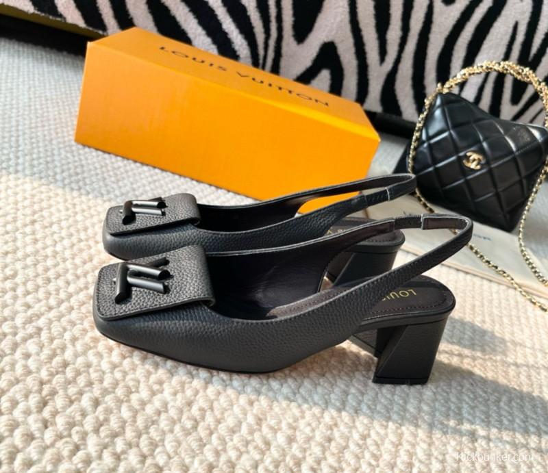 2024 Women Louis Vuitton Black Leather Slingback Heel