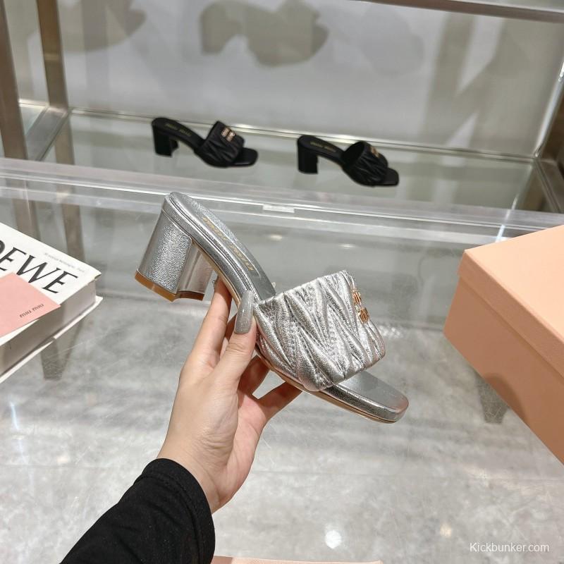2025 Women Miu Miu Silver Leather High Heel Sandals