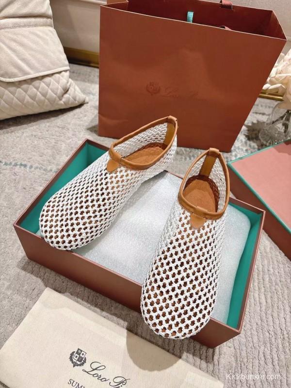 2025 Women LP White Brown Leather Mesh Ballet Flats