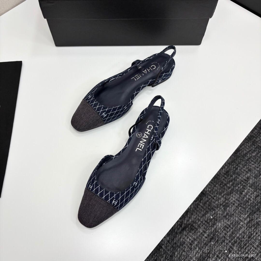 2025 Women Chanel Navy Blue Grey Fabric Leather Slingback LY00000