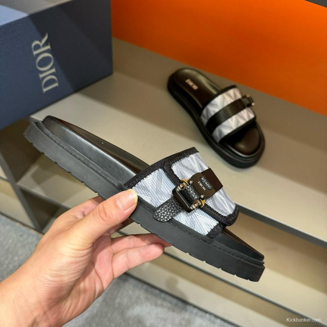 2024 Men Dior Black White Oblique Embroidered Leather Sandals H-Town MJ00190