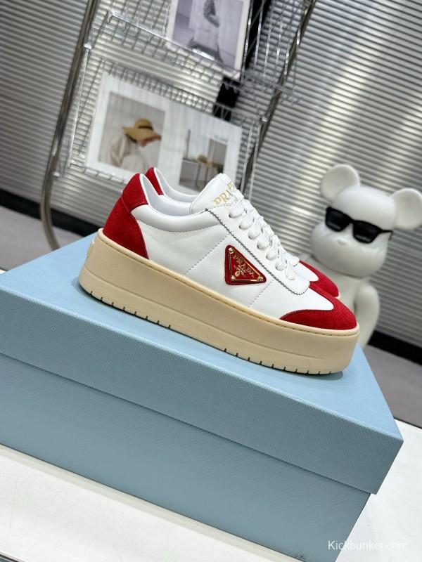 2025 Women Prada White Red Suede Leather Sneakers
