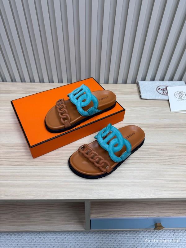 2025 Slippers Hermès Blue Brown Leather Slippers