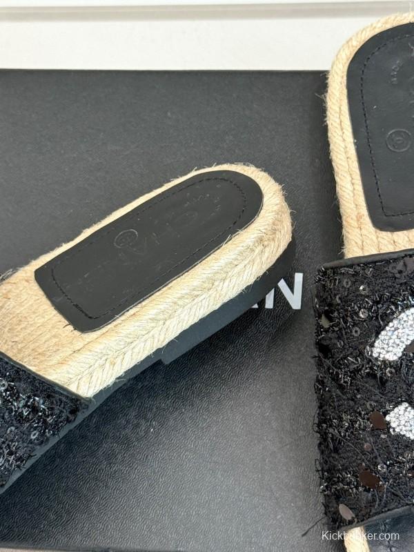 2025 Women Chanel Black Sequin Espadrille Slides Classic Double C Logo Handmade Braided Sole KFY00240(F)
