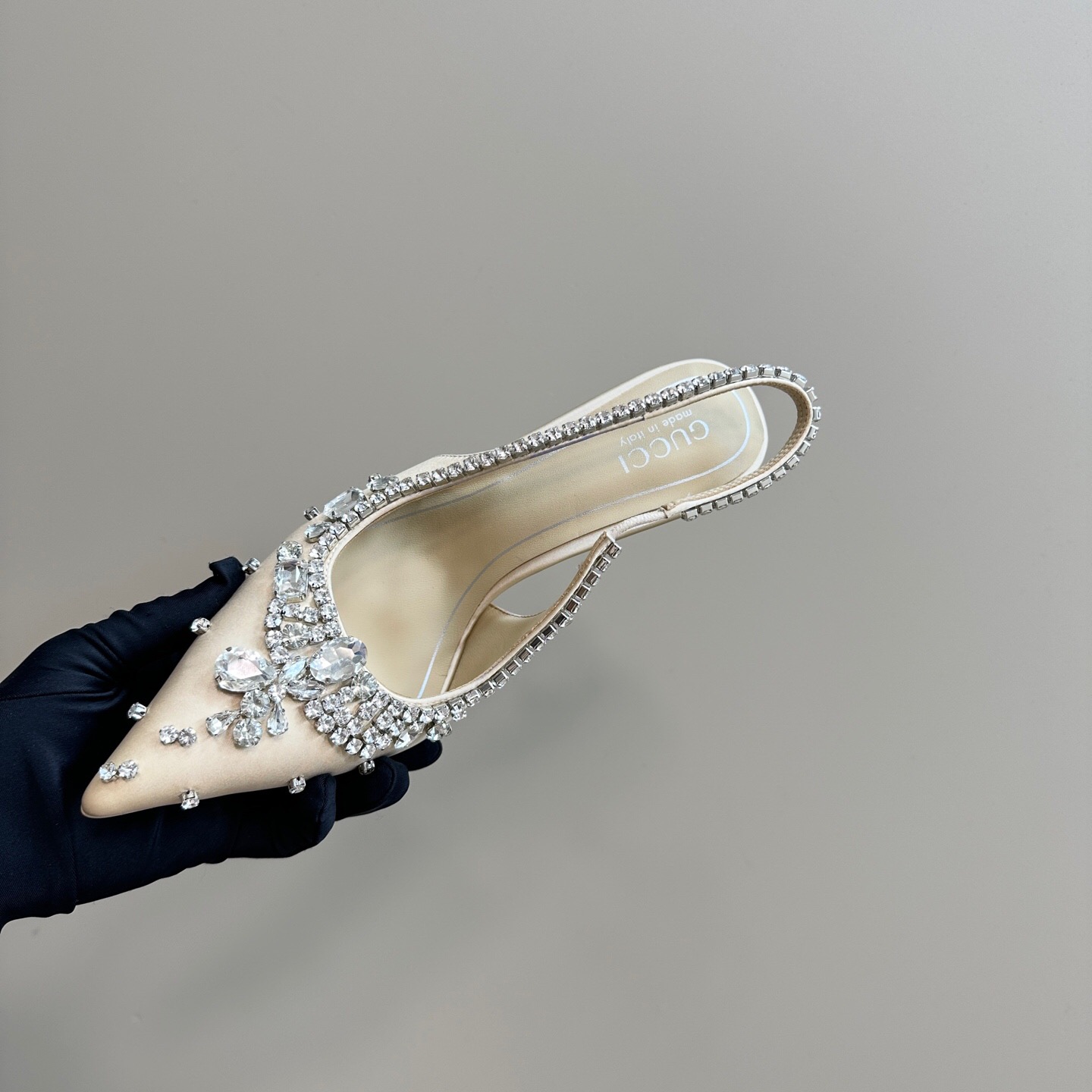 2025 Women Gucci Beige Silk Crystal Embellished Slingback Heels KFY00340