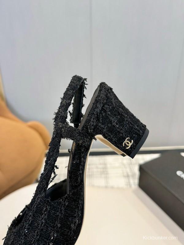 2025 Women Chanel Black Wool Leather Slingback Pumps
