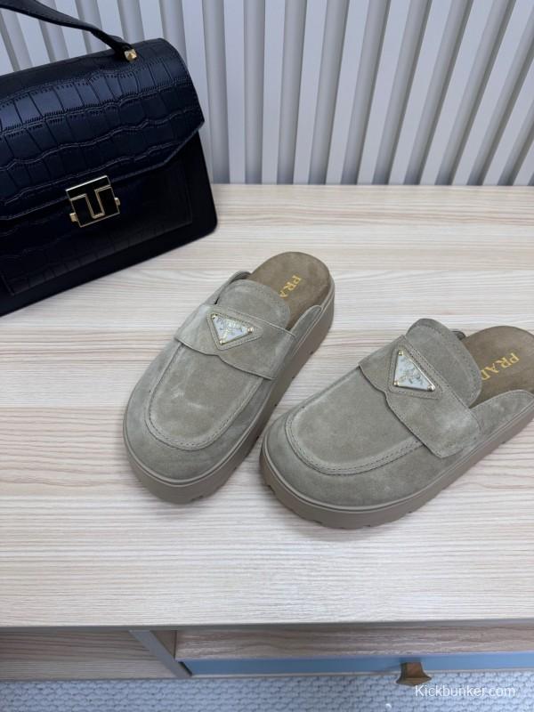 2025 Women Prada Khaki Suede Platform Loafers