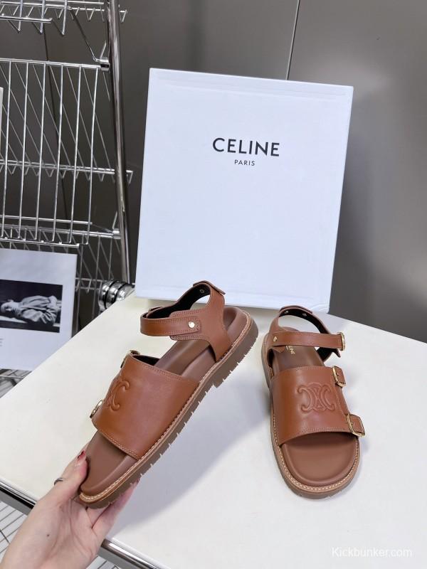 2025 Women Celine Light Brown Leather Sandals KFY00280